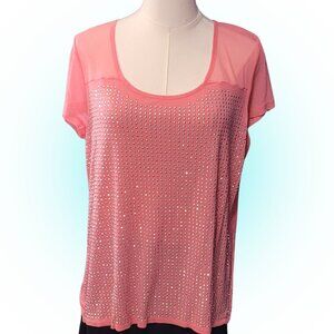 SEMI-SHEER SUPER BLING PRETTY PINK STUDDED BLOUSE EUC XL